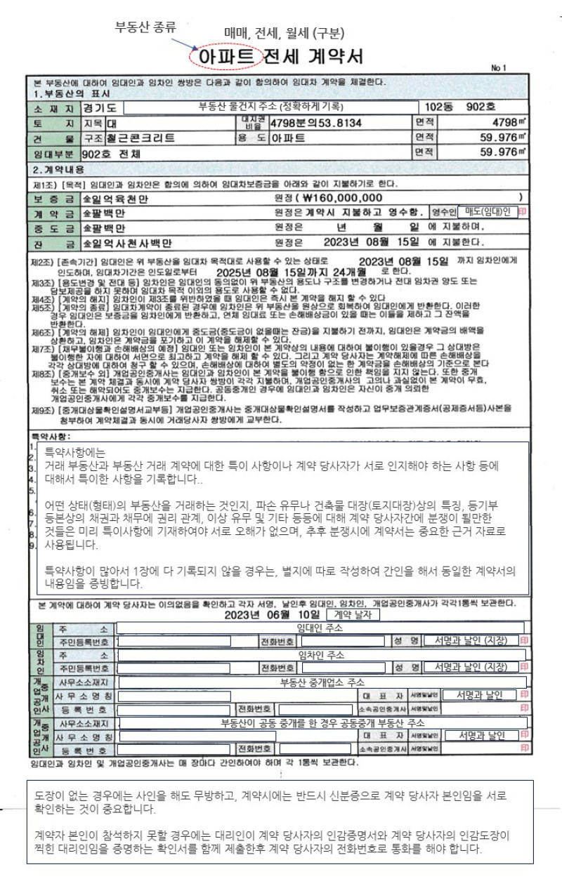 부동산 거래 계약서 작성 및 확인 사항 (매매, 임대 동일)