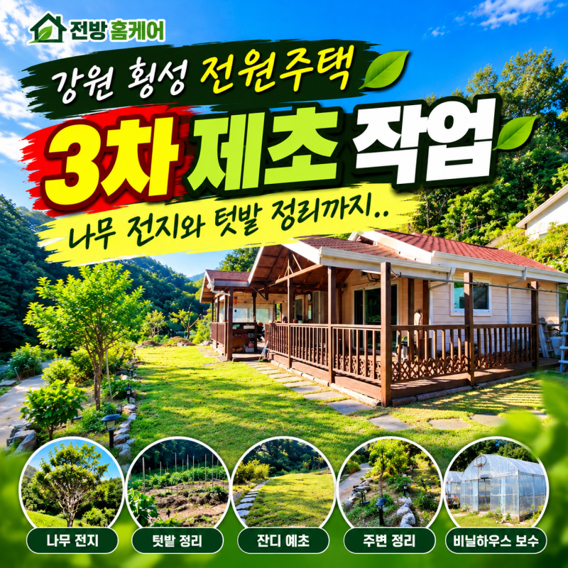 🏡 강원 횡성 전원주택 3차 정기관리 (잔디, 제초, 전지, 텃밭 정리, 비닐하우스 보수)
